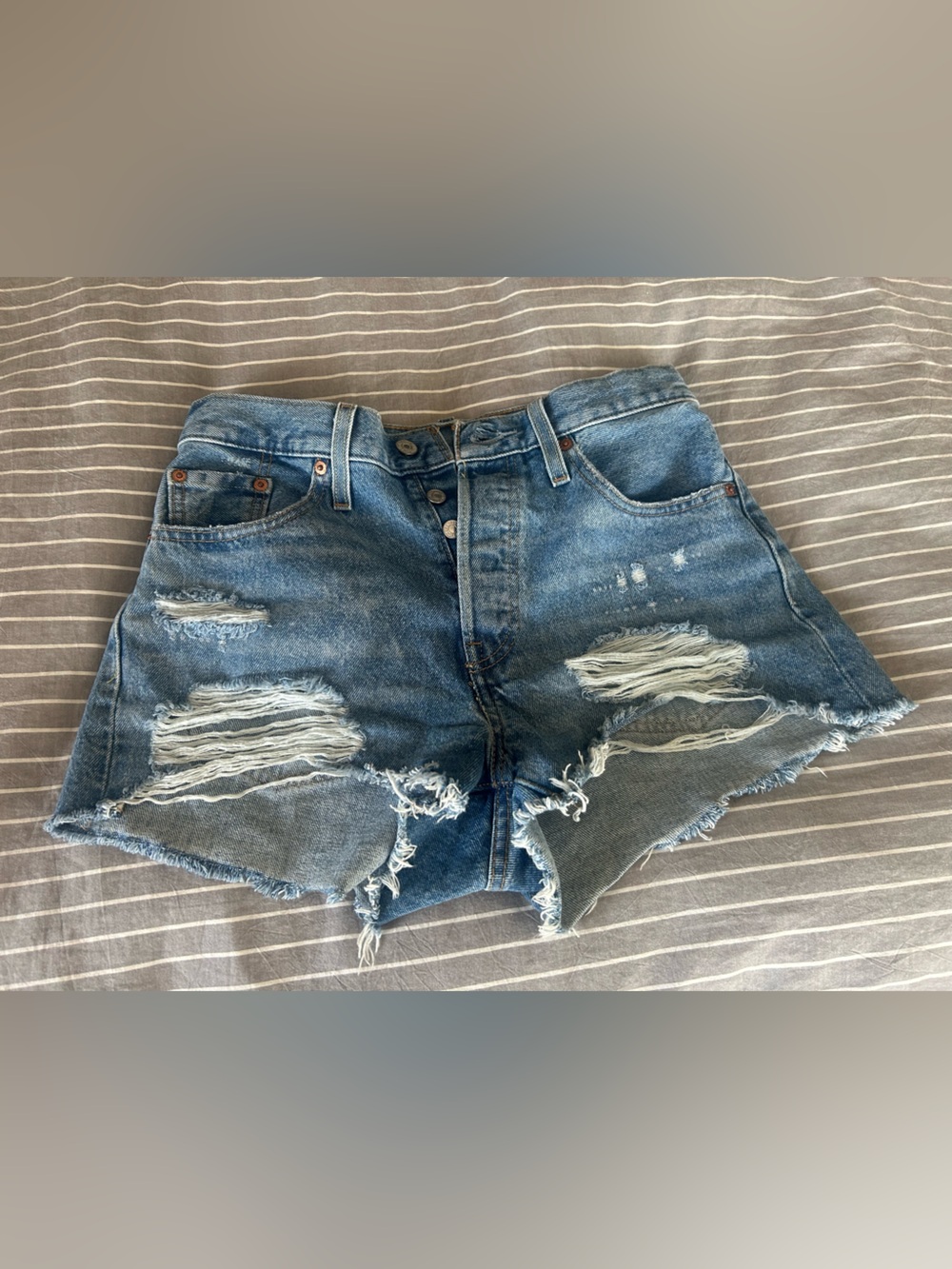 Levi’s 501 High-Rise Distressed Denim Shorts, button fly